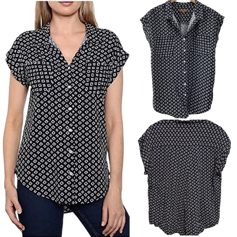 Jachs Girlfriend Top Small Black & White Cuffed Cap Sleeve Button Up Shirt Sz XL - Picture 8 of 16